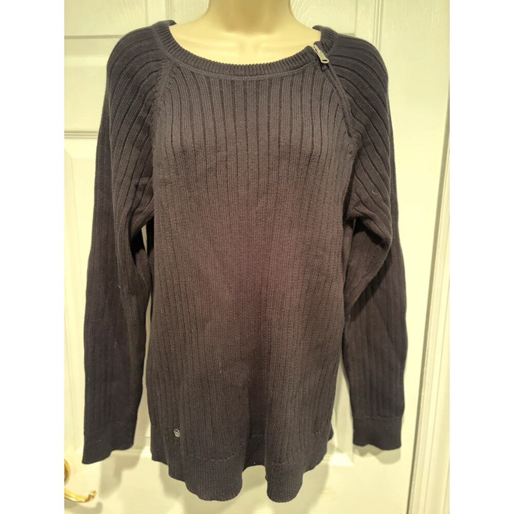 LRL Lauren Ralph Lauren Ribbed Cotton Boat Neck Sweater XL‎ Black Shoulder Zip
